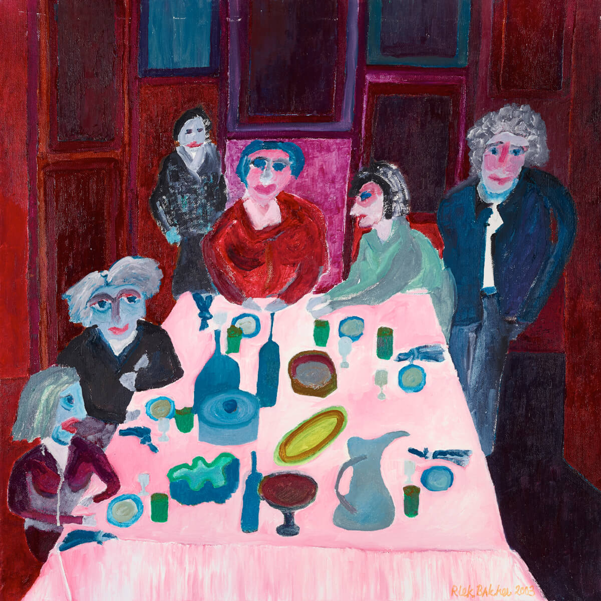 Familie diner 2003 acryl op doek 60x60cm